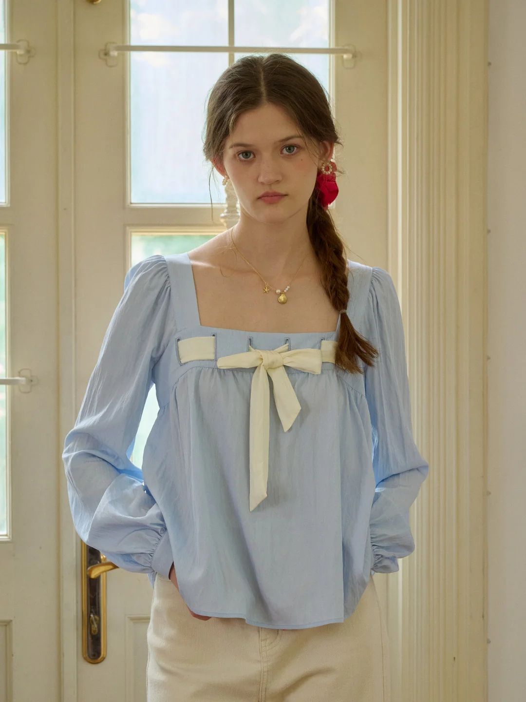 【Final Sale】Lilia Square Collar Bow Light Blue Blouse