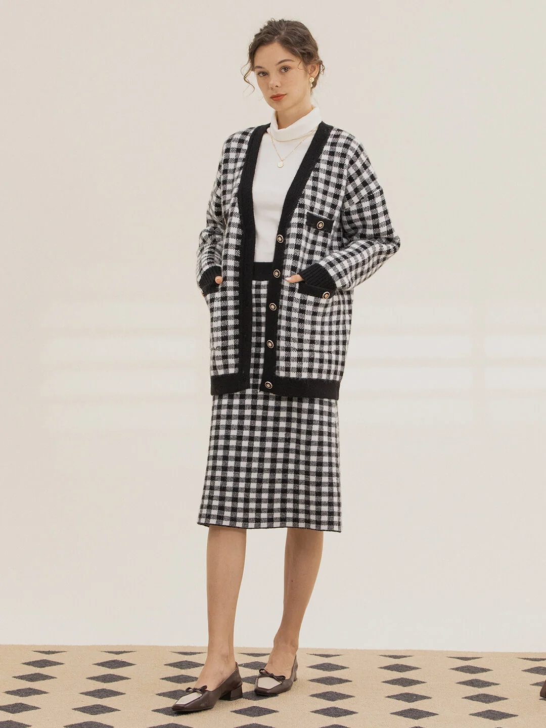 Ansley Checkerboard Black Midi Knitted Skirt