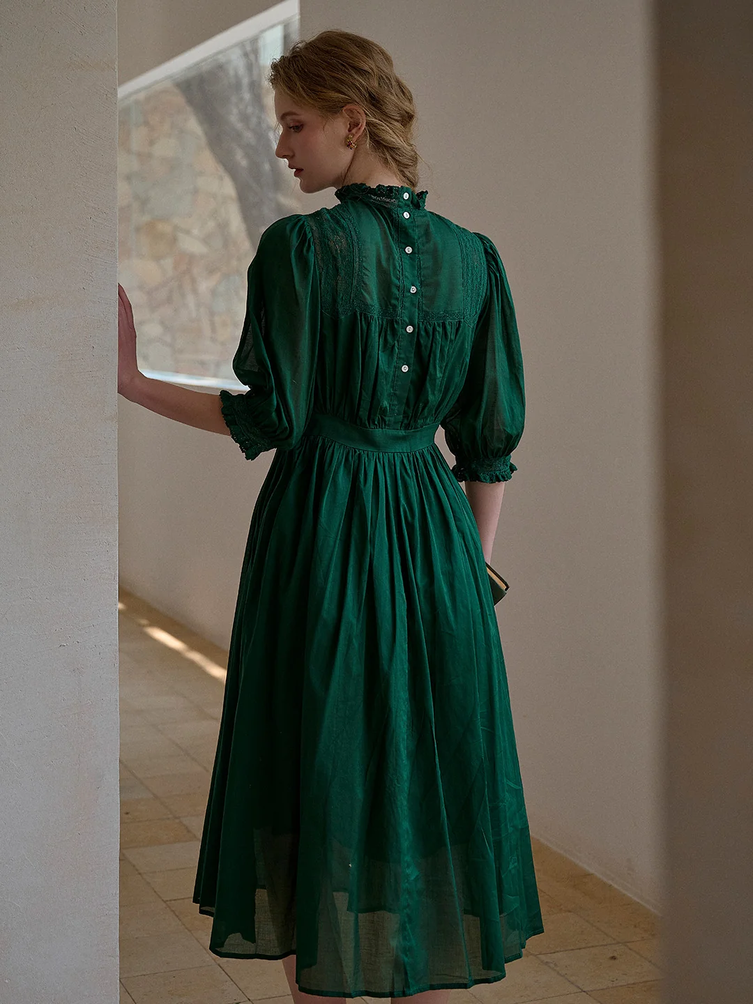 Averie Lace Panel Emerald Green Cotton Dress