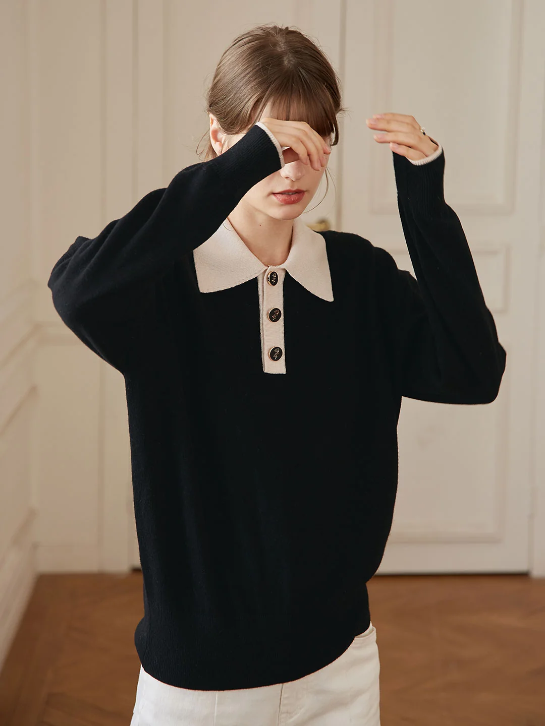 Selena Polo Contrast Collar 100% Wool Knit Sweater