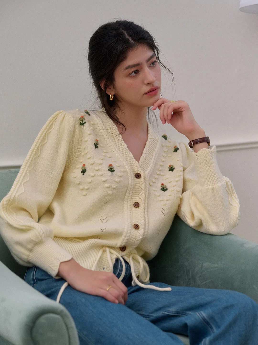 【Final Sale】Kira V-Neck Crochet Tie-Waist Wool Sweater