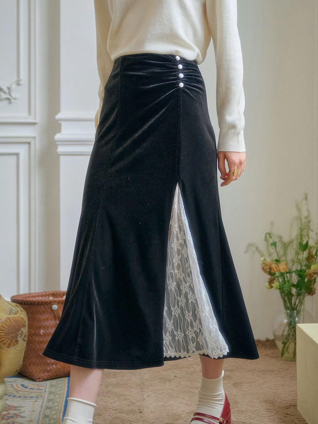 Angelique Elegant Lace Hollow Contrasting Velvet Skirt