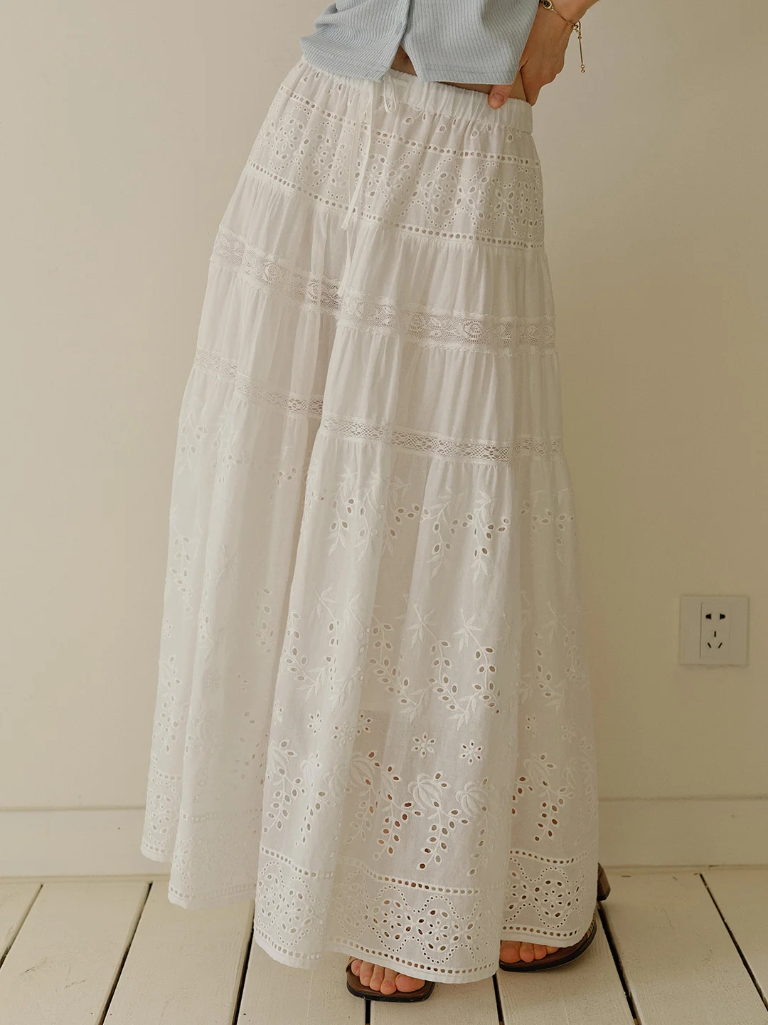 Samara Hollow Lace Embroidered 100% Cotton Skirt