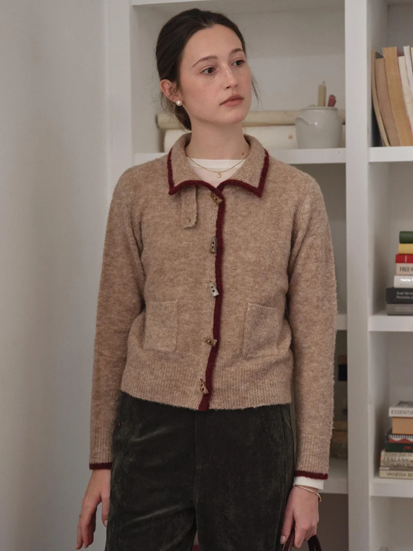 Kalliope Faux-Horn Button Contrast-Trim Cardigan