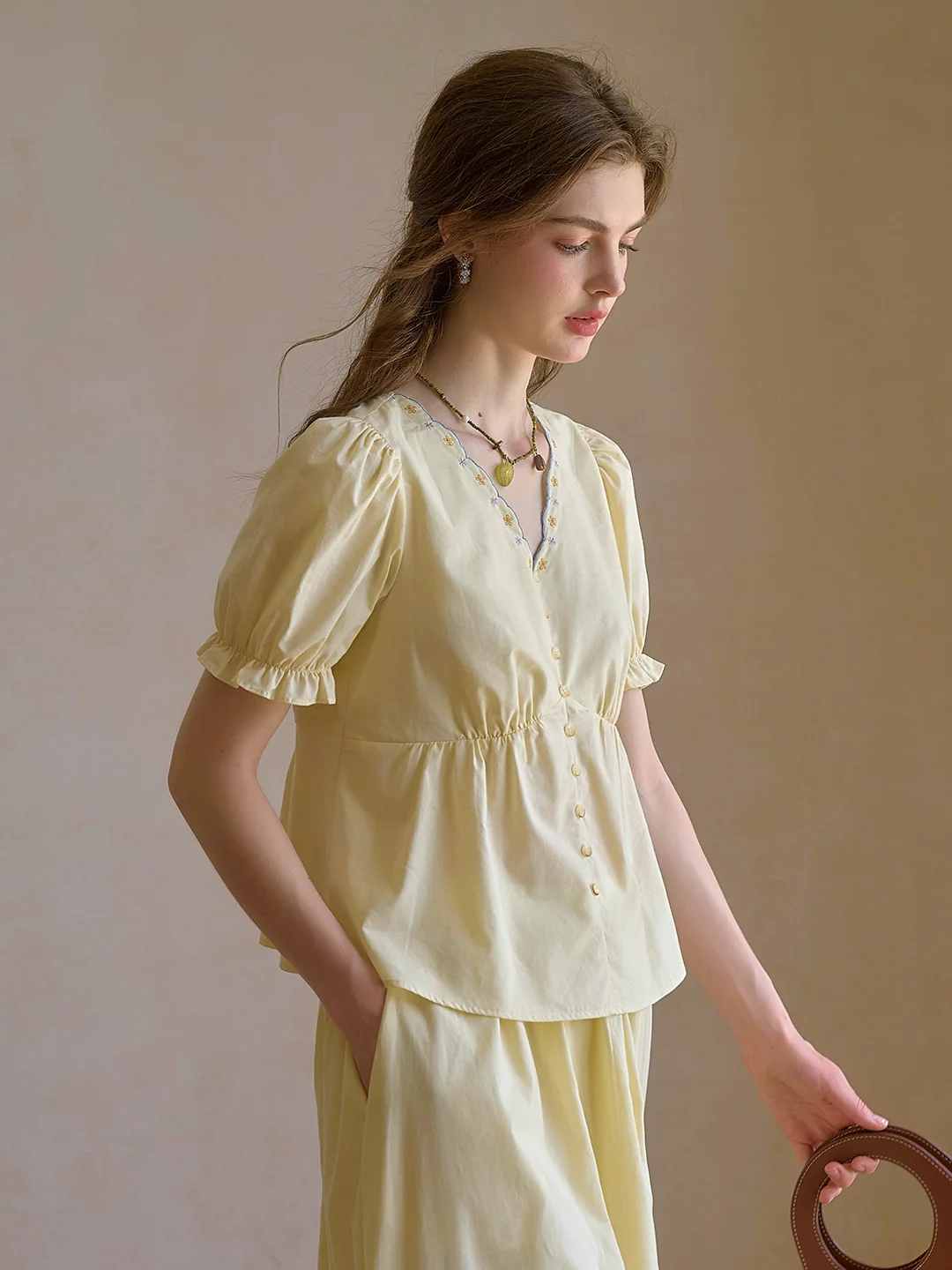 Margaret V-Neck Waist 100% Cotton Blouse