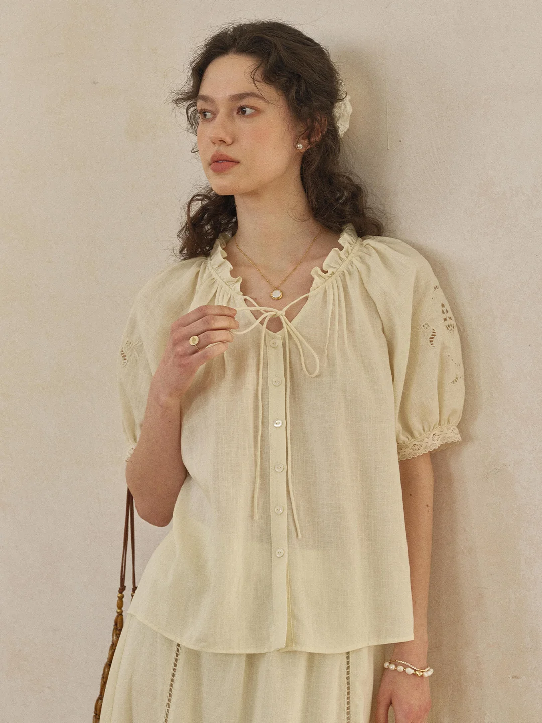 Fatima Ruffle Collar Puff Sleeve Linen Blouse
