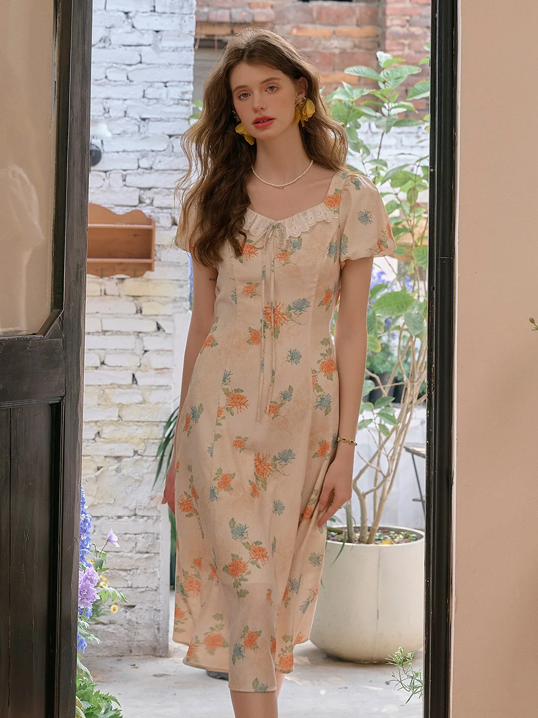 Emma Square Neck Lace Puff Sleeves Dress