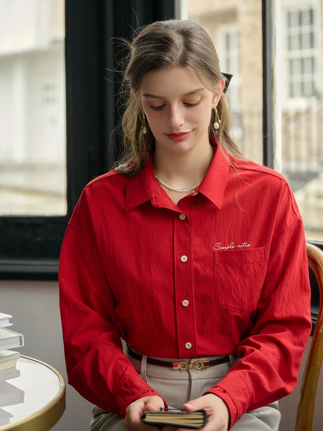 Estrella Classic Lapel Contrast SR Logo Embroidered Pocket Shirt - Red