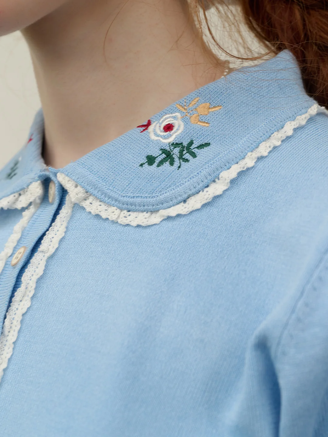 Amber Floral Embroidered Peter Pan Collar Contrast Lace Knit Blouse