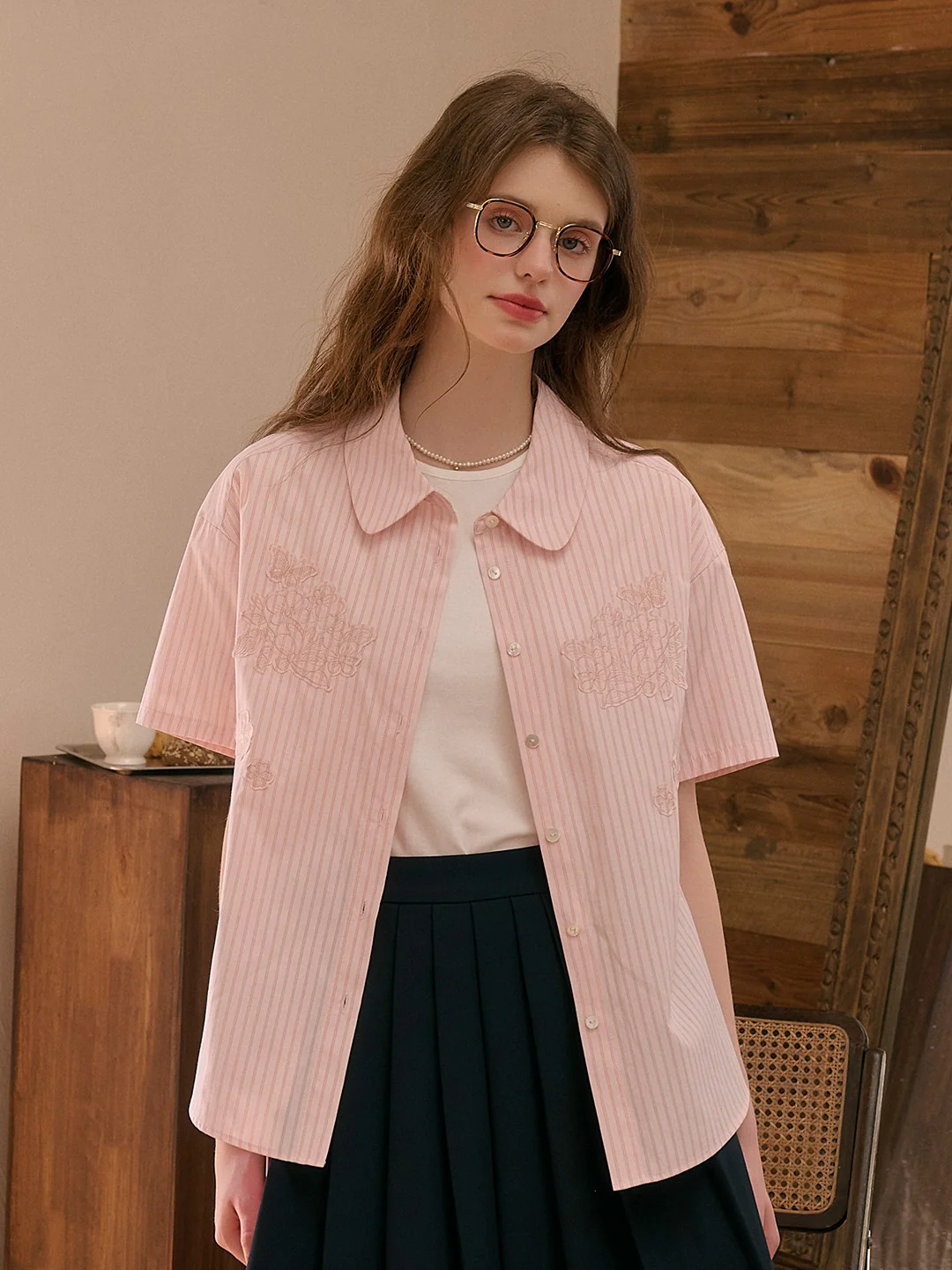 Eden Lapel Embroidery Striped Top