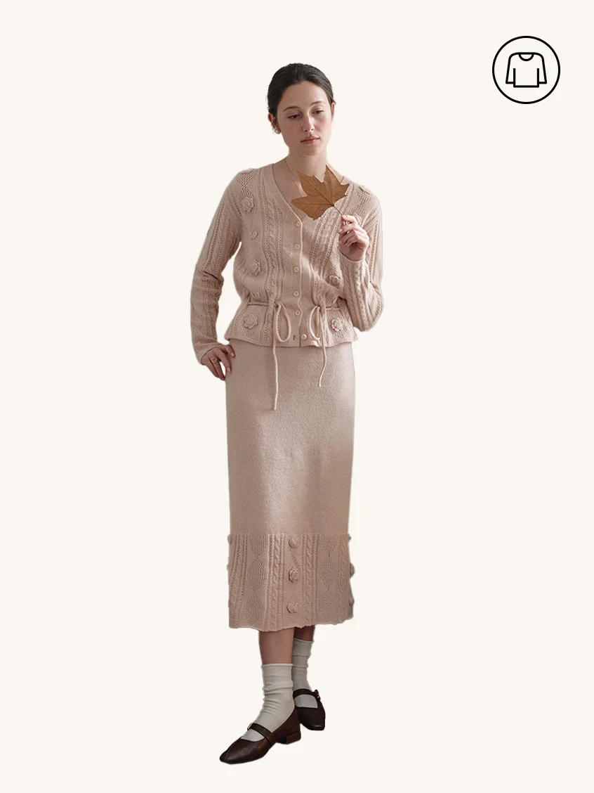 2Pcs Set Lusa V-Neck Tie Waist Floral Embroidery Knit Cardigan&Lusa Floral Embroidery Knit Midi Skirt