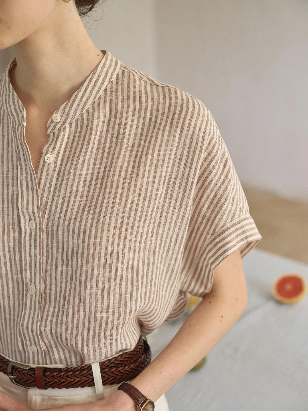 Fleur Stand Collar Stripe 100% Linen Blouse