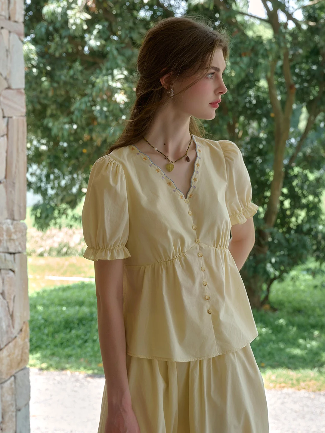 Margaret V-Neck Waist 100% Cotton Blouse