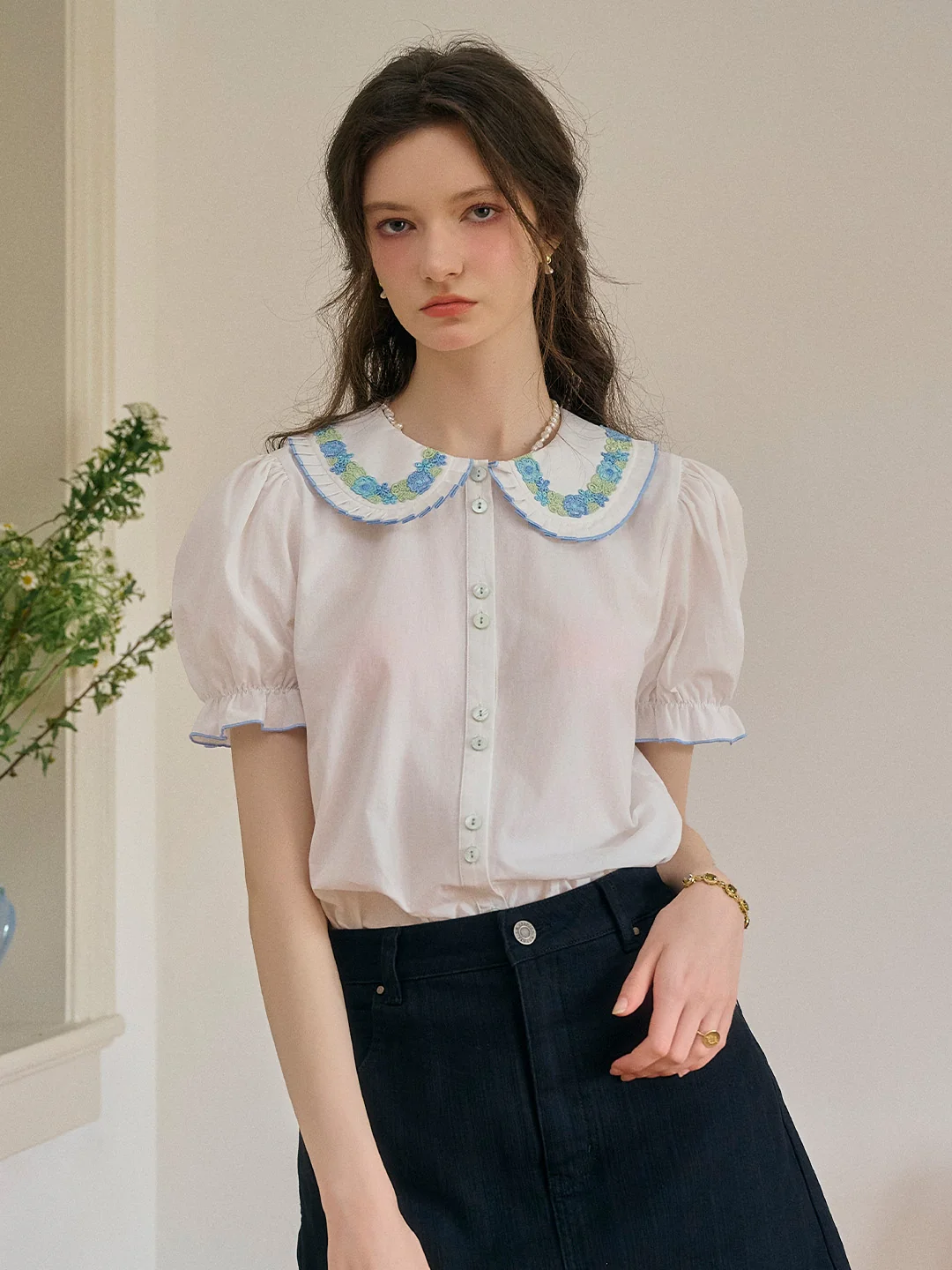【Final Sale】Olivia Peter Pan Collar Embroidery 100% Cotton Blouse