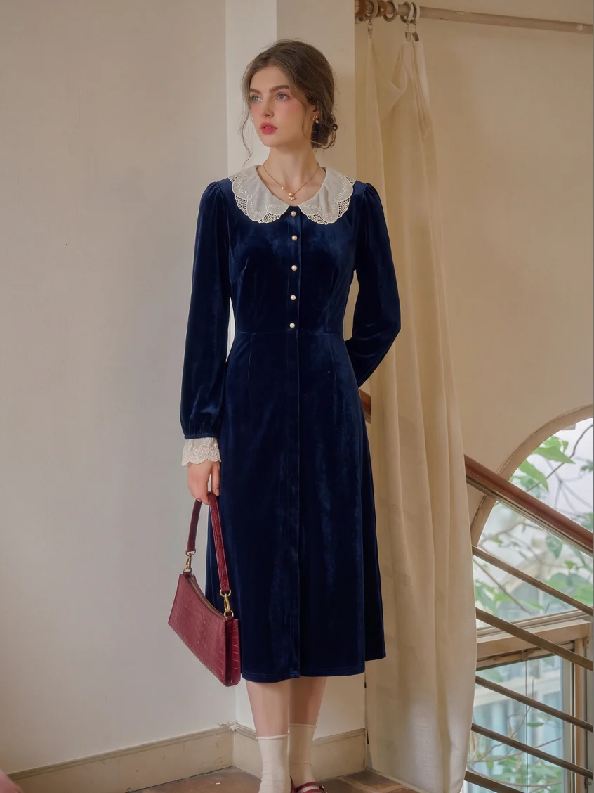 Azucena Lace-Collar Gold-Button Velvet Dress