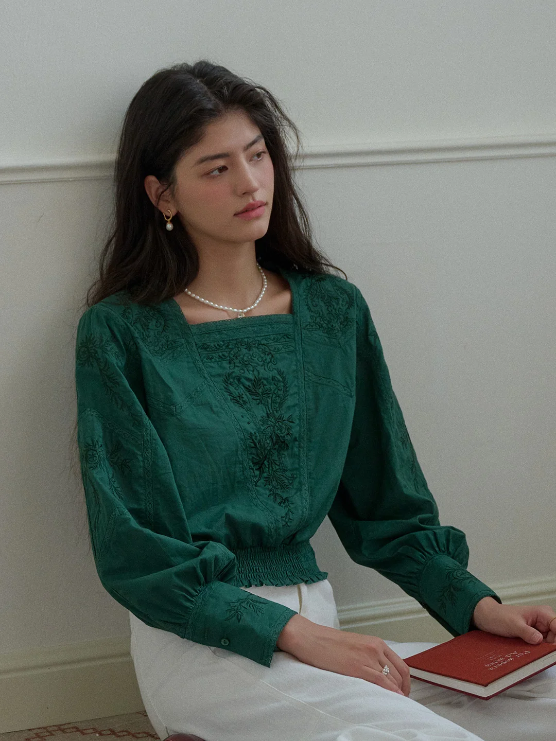 【Final Sale】Oakley Square Neck Embroidery 100% Cotton Blouse