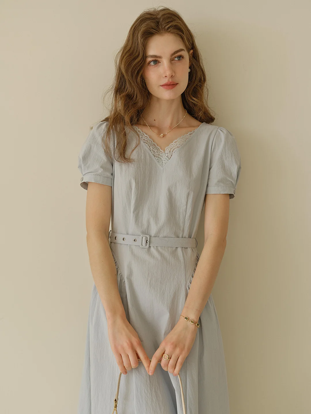 Juno V-Neck Lace Belted Waist Cotton Dress