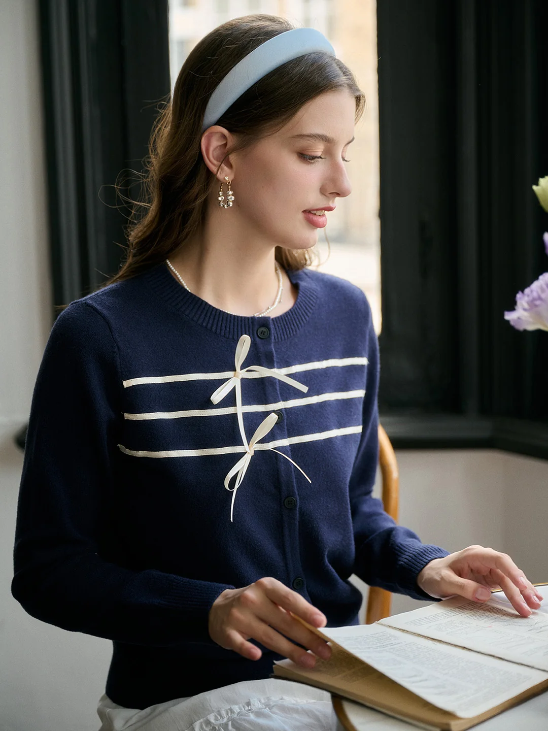 【Final Sale】Bella Round Neck Color-Block Tied-Front Cardigan