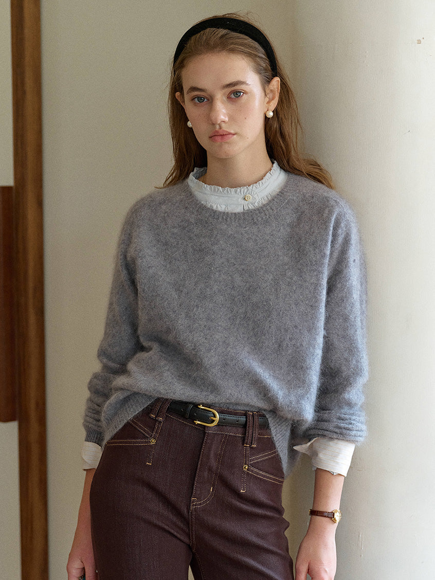 Tru Cloud-Soft Wool Round Neck Sweater Flowers Grey