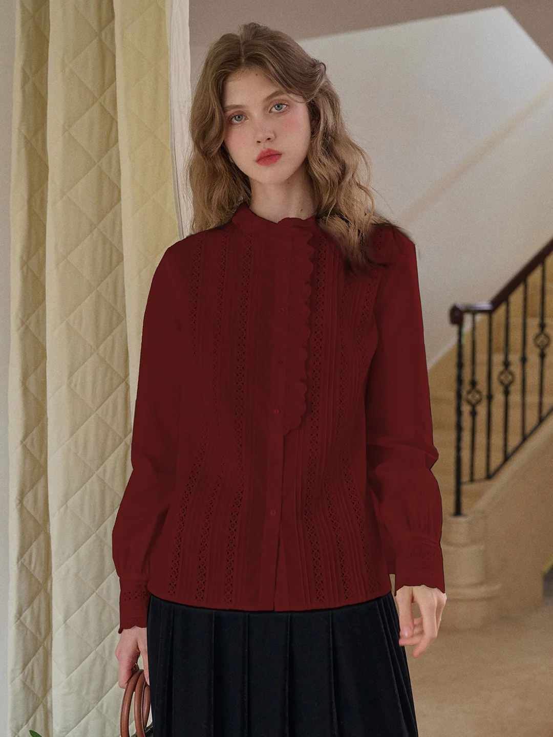 Journi Ruffle Collar Hollow 100% Cotton Blouse