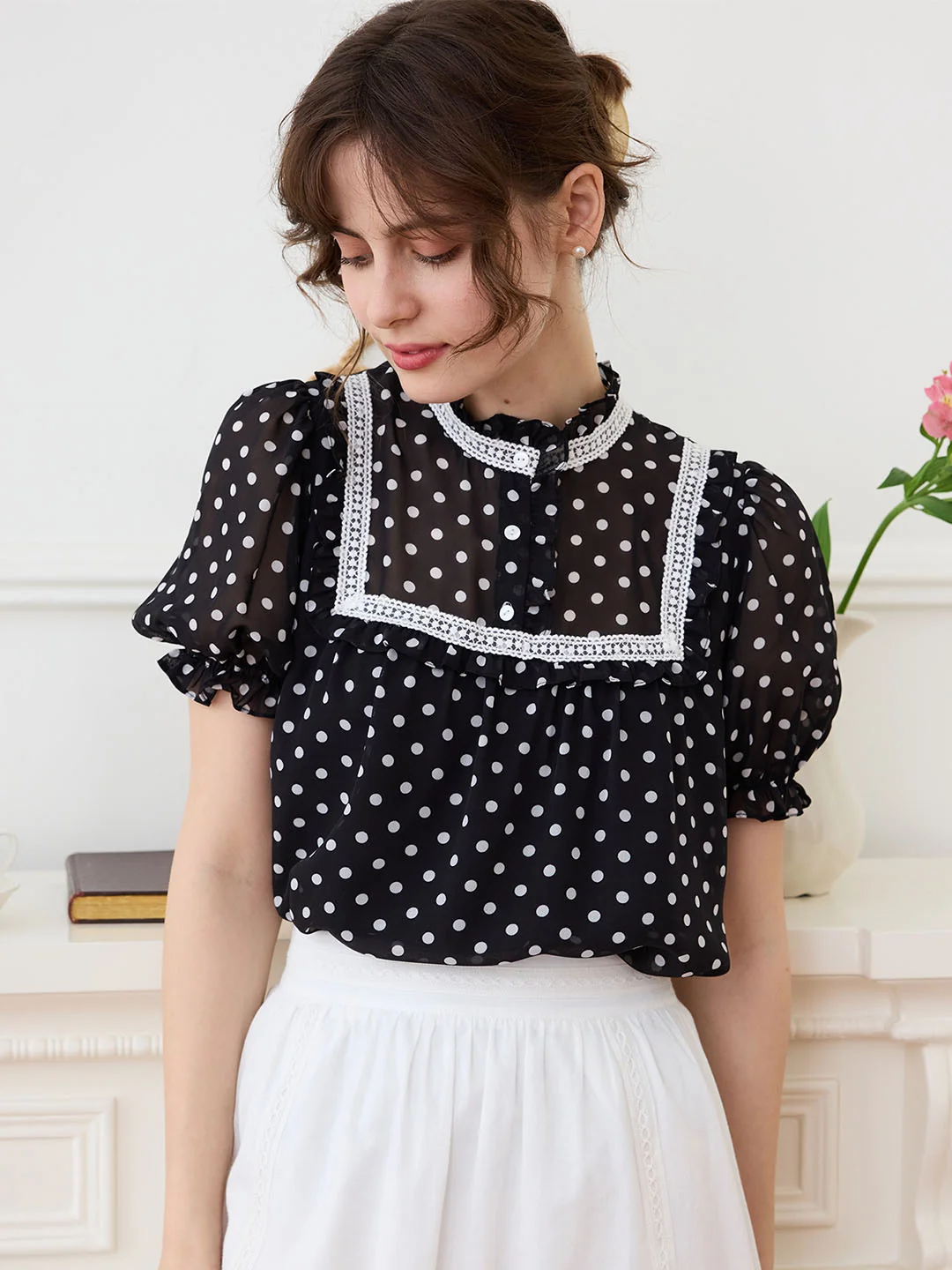【Final Sale】Natasha Polka Dot Print Mock Neck Puff Sleeve Chiffon Blouse