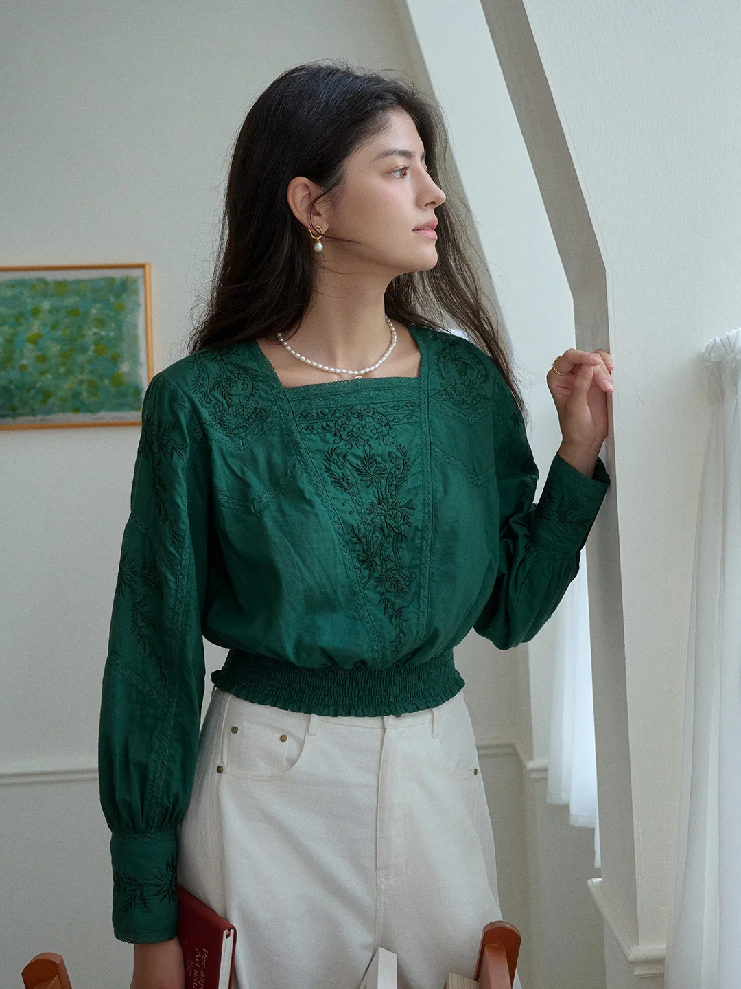 【Final Sale】Oakley Square Neck Embroidery 100% Cotton Blouse