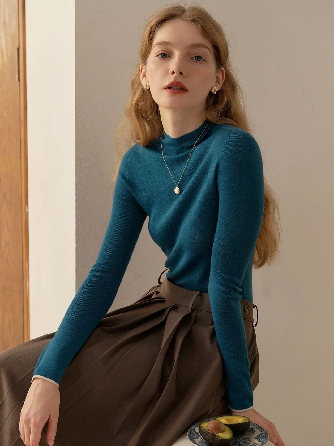Lisa 100%  Wool Half Turtleneck Slim Fit Solid  Sweater-Indigo