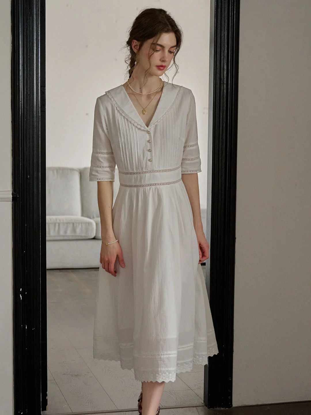 Fiona 100% Cotton White Midi Dress