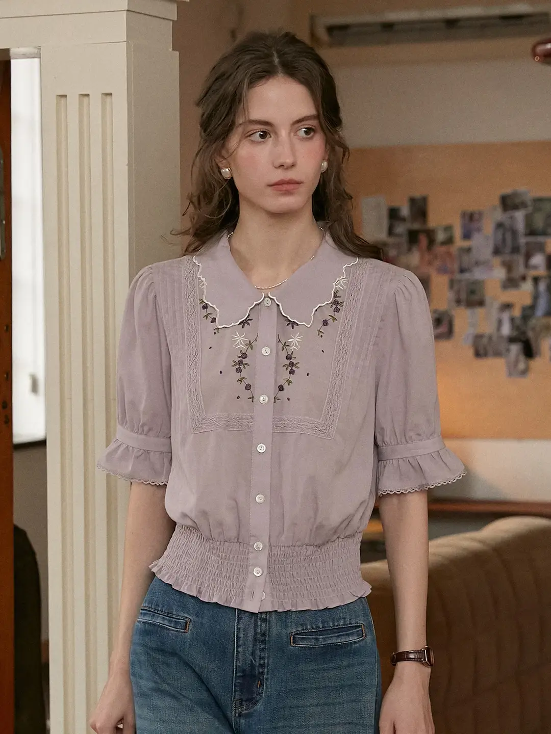 Sarahi Peter Pan Collar Embroidered Linen Blouse