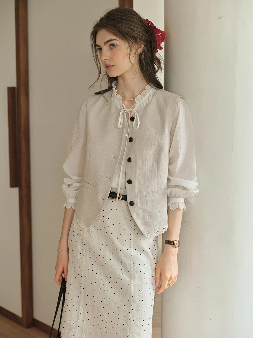Cassia Pleated Ruffle Collar Lyocell Lace Blouse