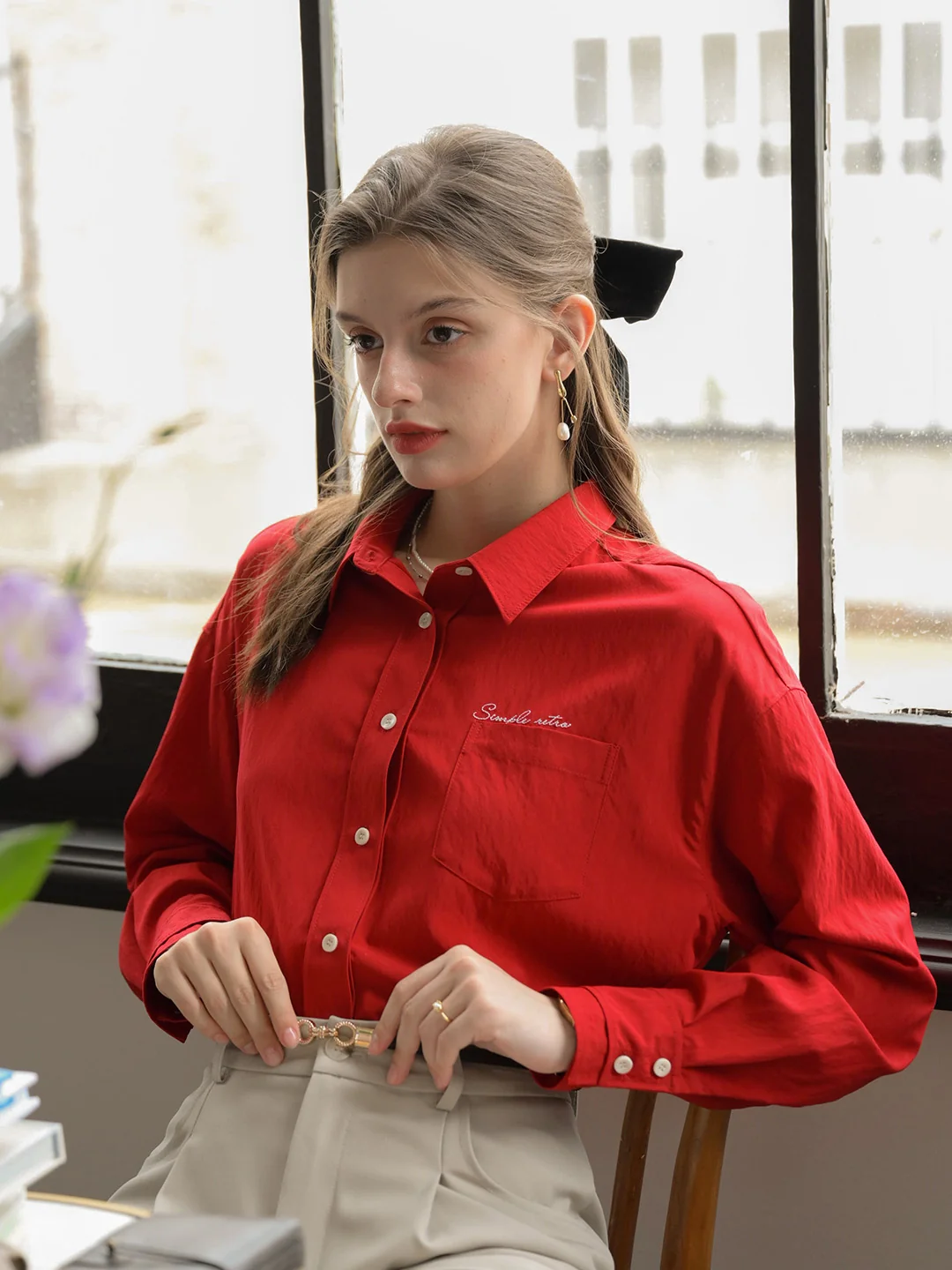 Estrella Classic Lapel Contrast SR Logo Embroidered Pocket Shirt - Red