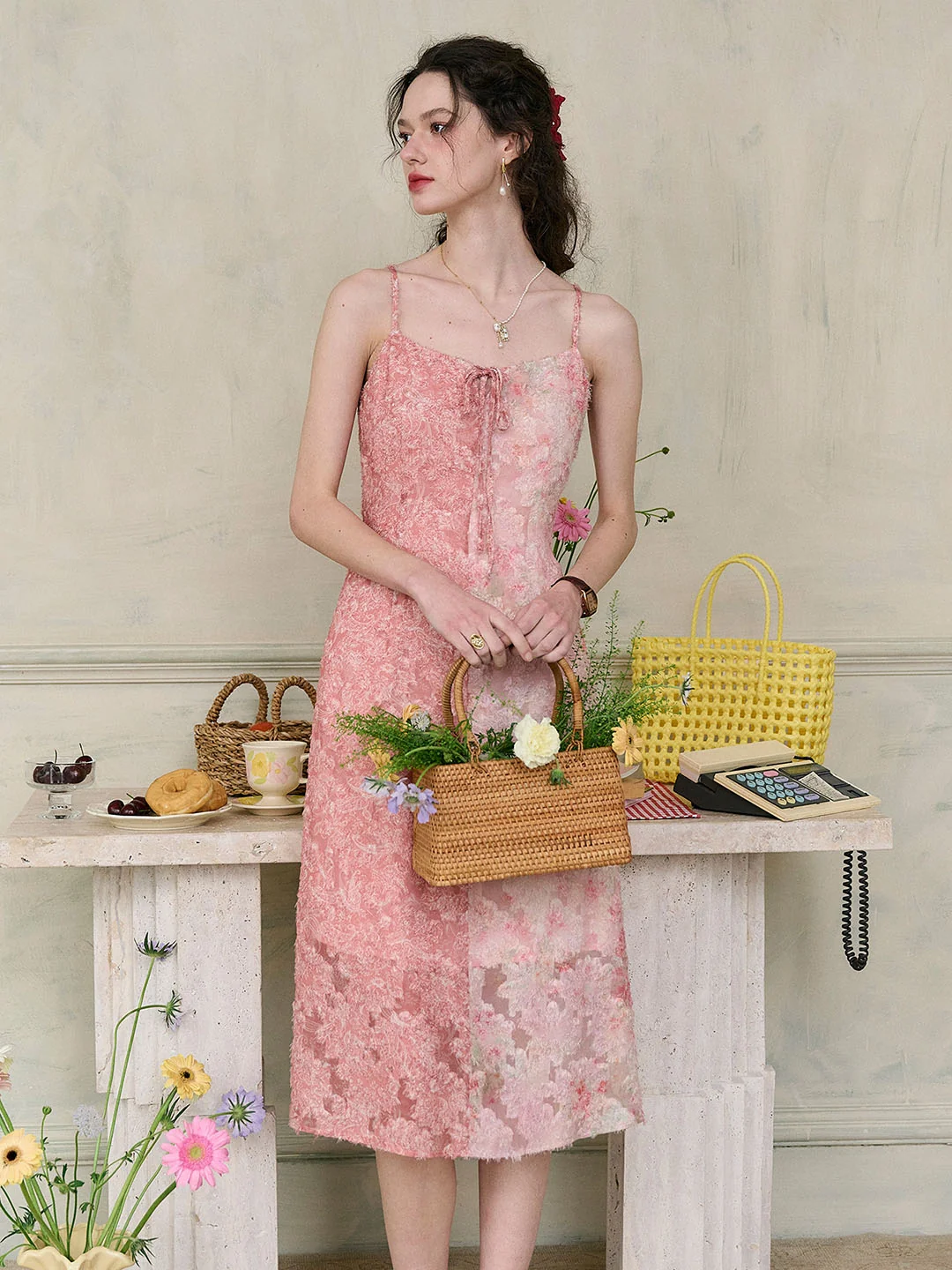 【Final Sale】Blaire Floral Contrast Patchwork Bow Square Neck Slip Dress
