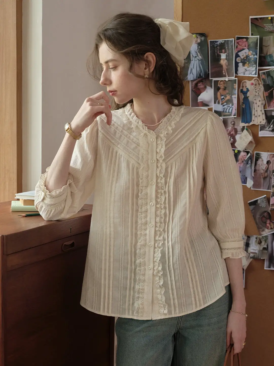 Emiliana Lace Neck 100%Cotton Blouse