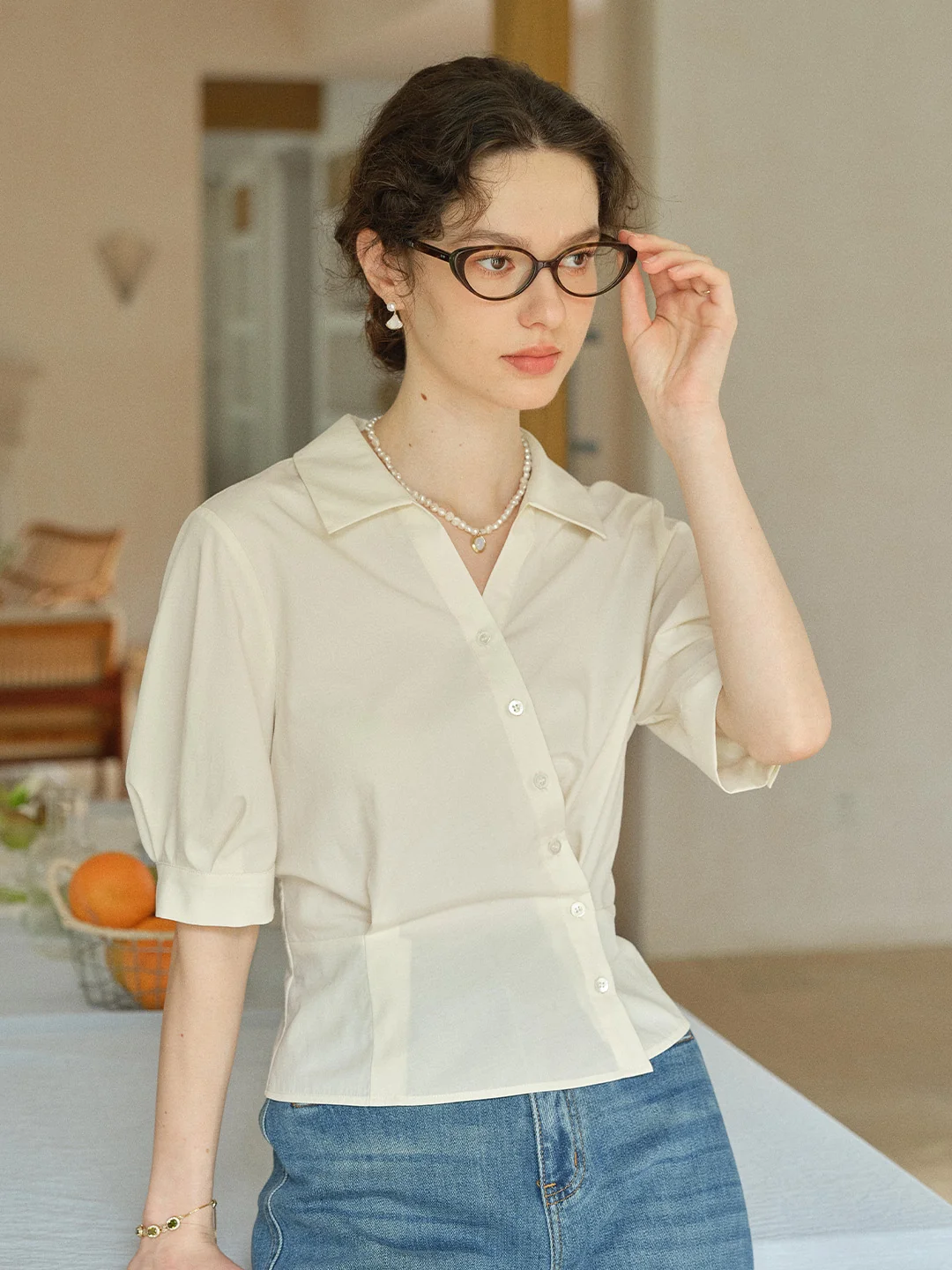 Leslie V-Neck Lyocell Cotton Shirt