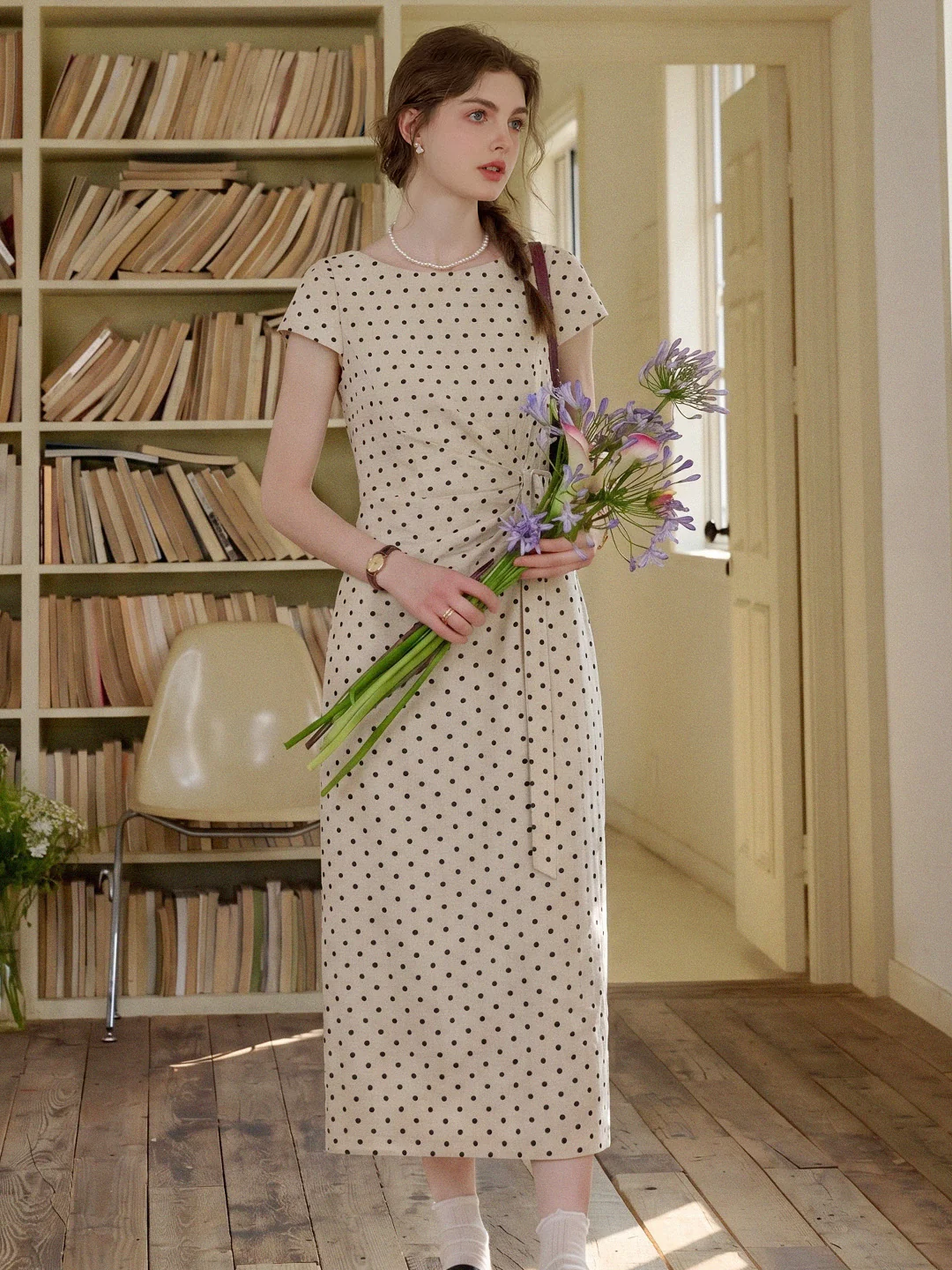 Hebe Round Neck Polka Dot Linen Dress