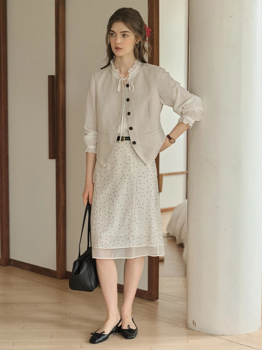 Cassia Pleated Ruffle Collar Lyocell Lace Blouse