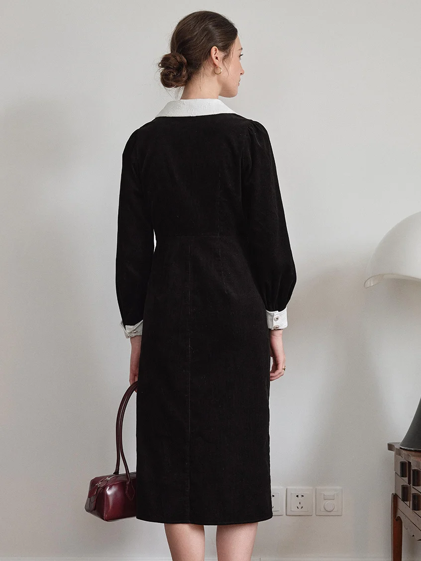 Aine Peter-Pan Collar Contrast-Cuff Button-Front Dress