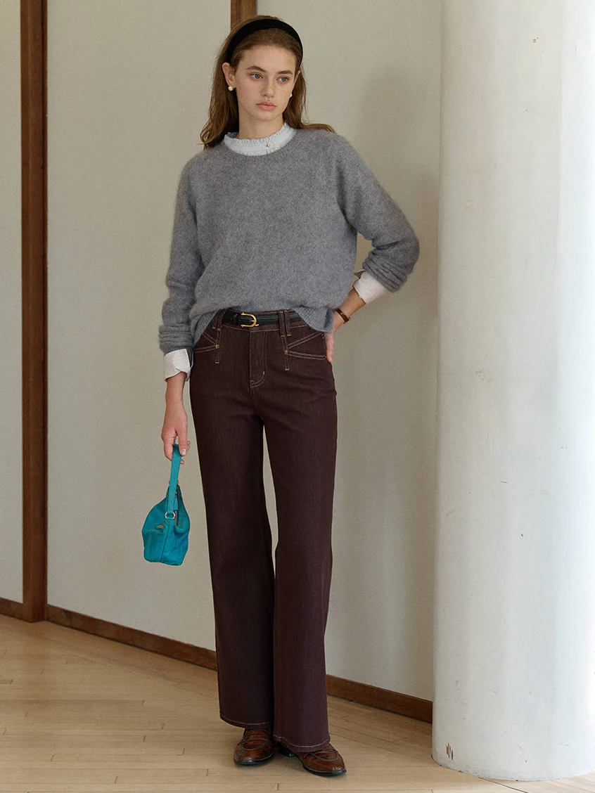 Tru Cloud-Soft Wool Round Neck Sweater Flowers Grey