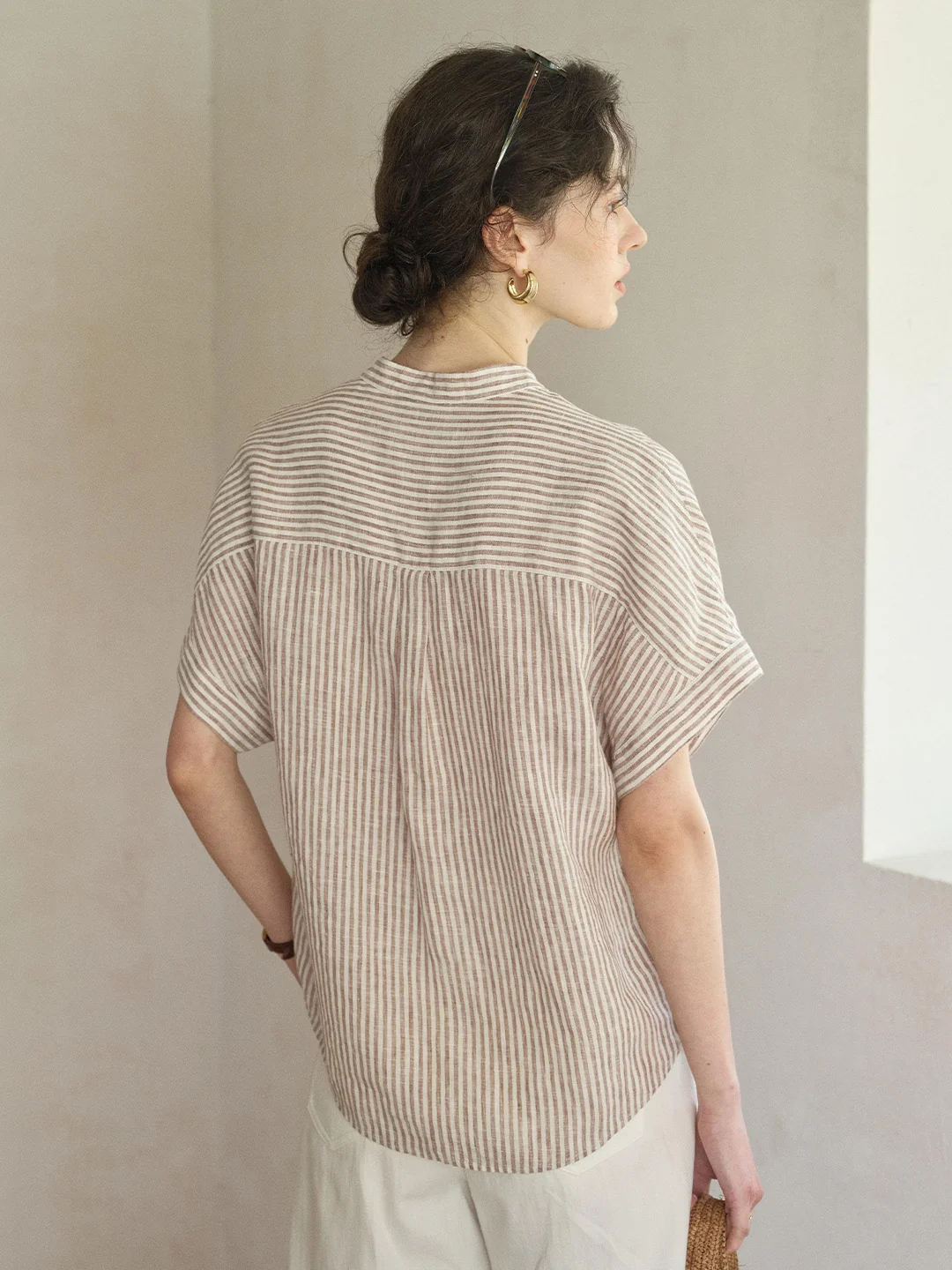 Fleur Stand Collar Stripe 100% Linen Blouse