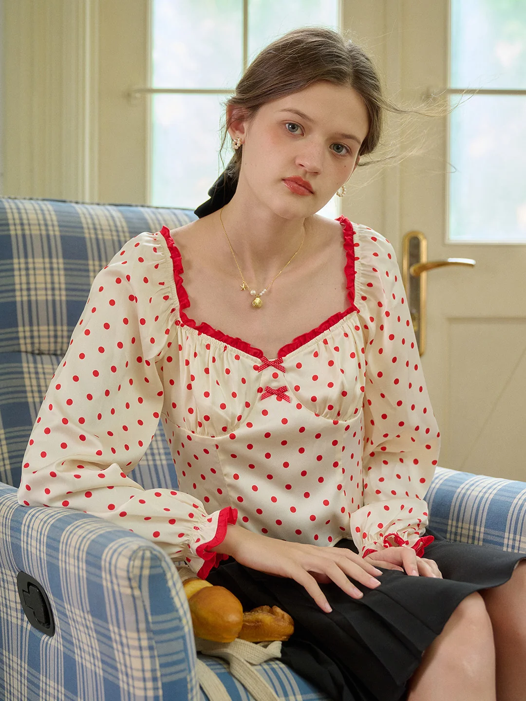 【Final Sale】Ashlynn Square Collar Contrasting Polka Dots Bow Blouse