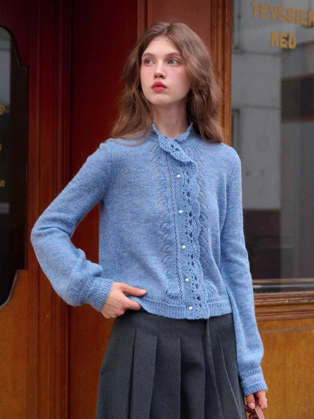 Lauren Wavy Collar Hollow Knit Cardigan