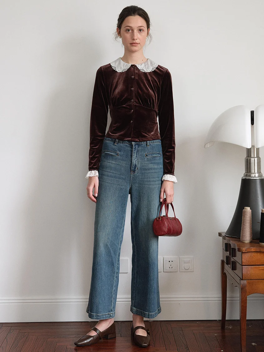 Carlota Lace Peter Pan Collar Velvet Blouse