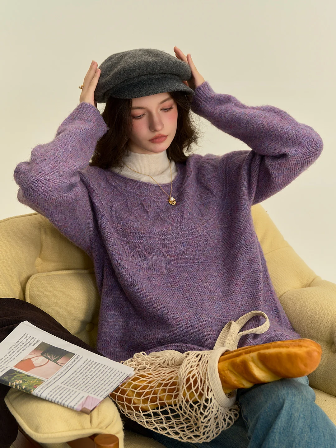 Marlowe Classic Round Neck Knitted Wool Sweater - Purple