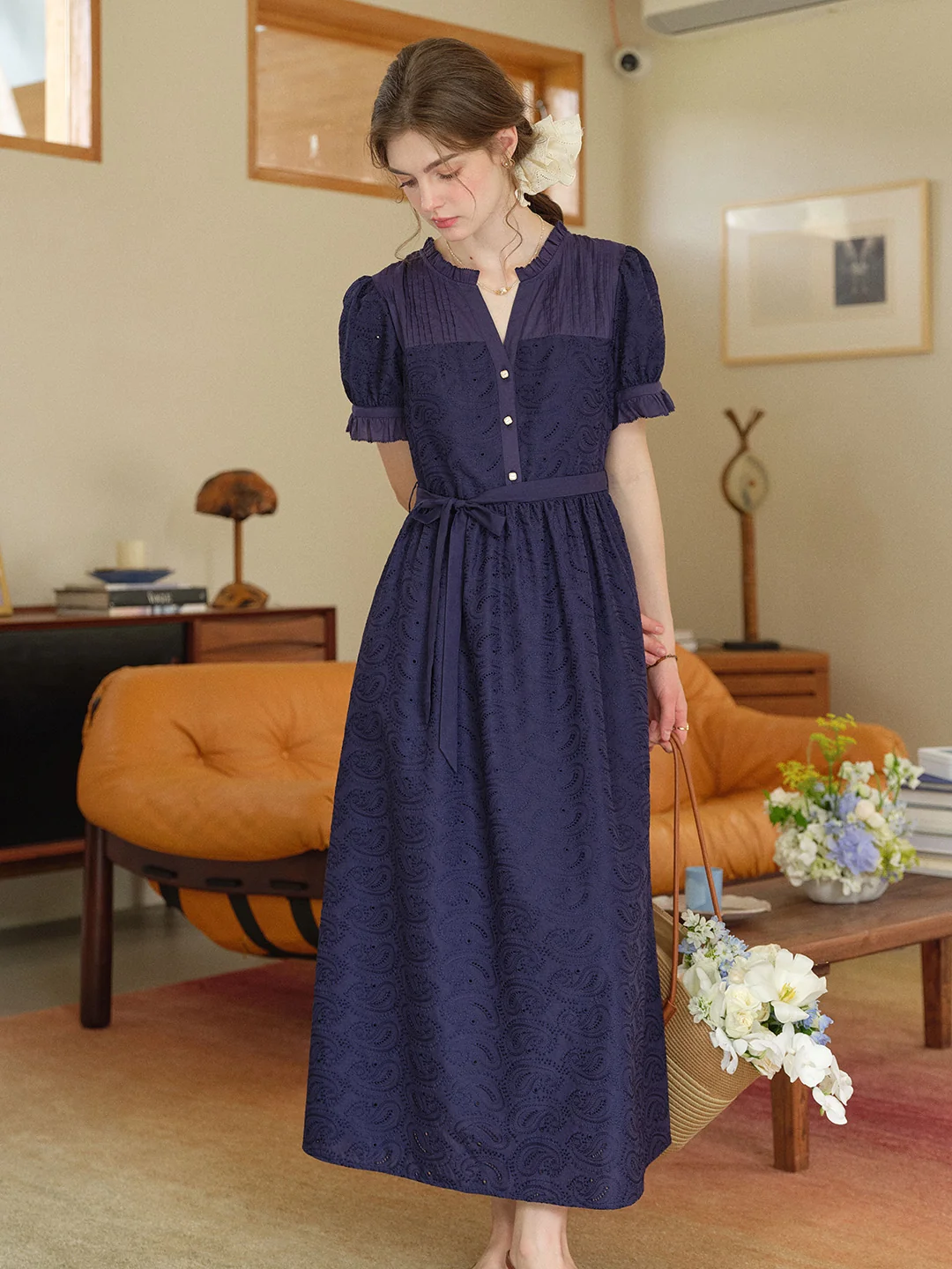 Aitana Rose Embroidered V-neck Puff Sleeve Lace Cotton Dress
