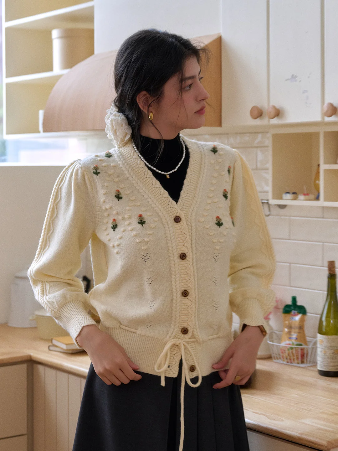 【Final Sale】Kira V-Neck Crochet Tie-Waist Wool Sweater