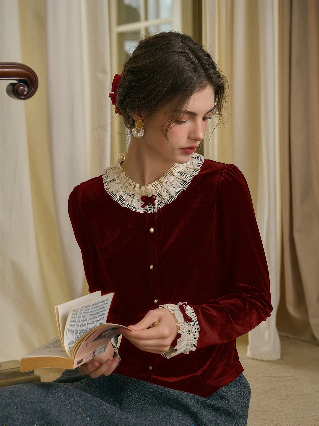 Azaria Round Collar Contrasting Lace Panel Bow Velvet Top
