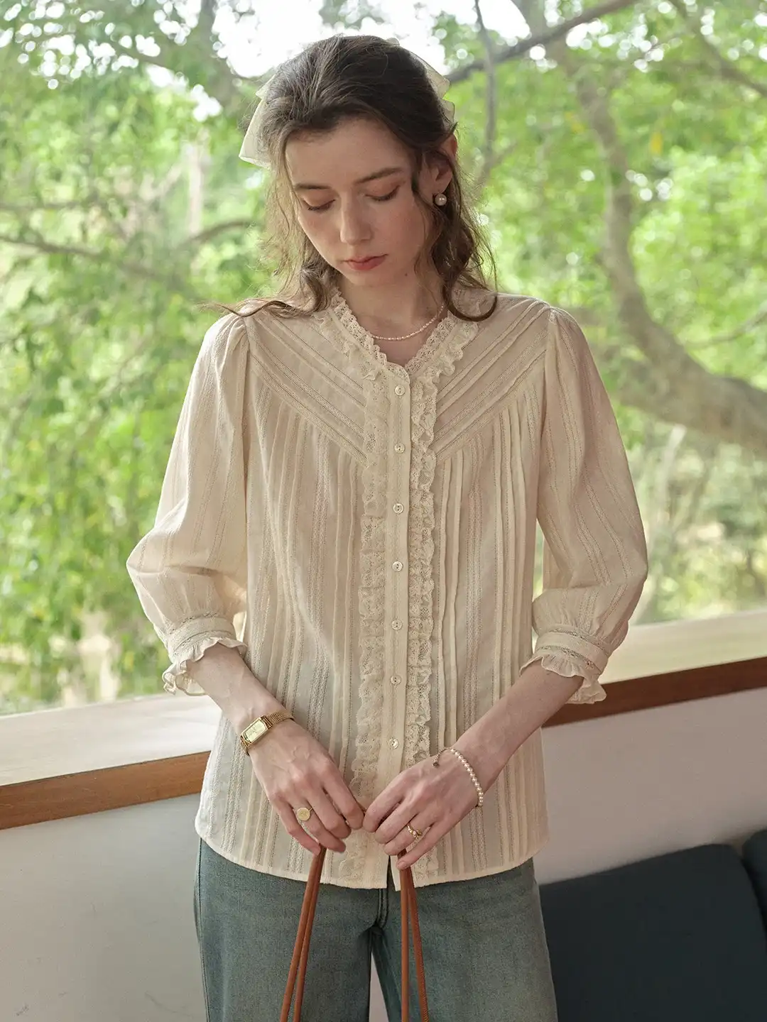Emiliana Lace Neck 100%Cotton Blouse