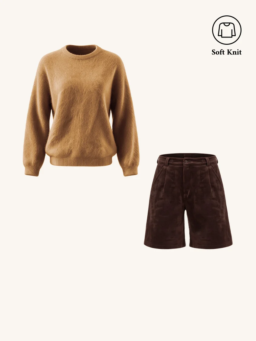 2Pcs Set Tru Cloud-Soft Wool Round Neck Sweater Tangerine Yellow & Saanvi Classic All-Purpose Button Shorts