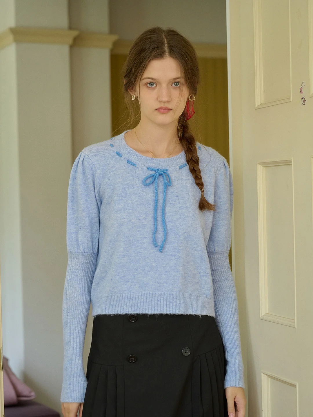 【Final Sale】Lauren Bow Tie Pullover Bubble Sleeve Sweater