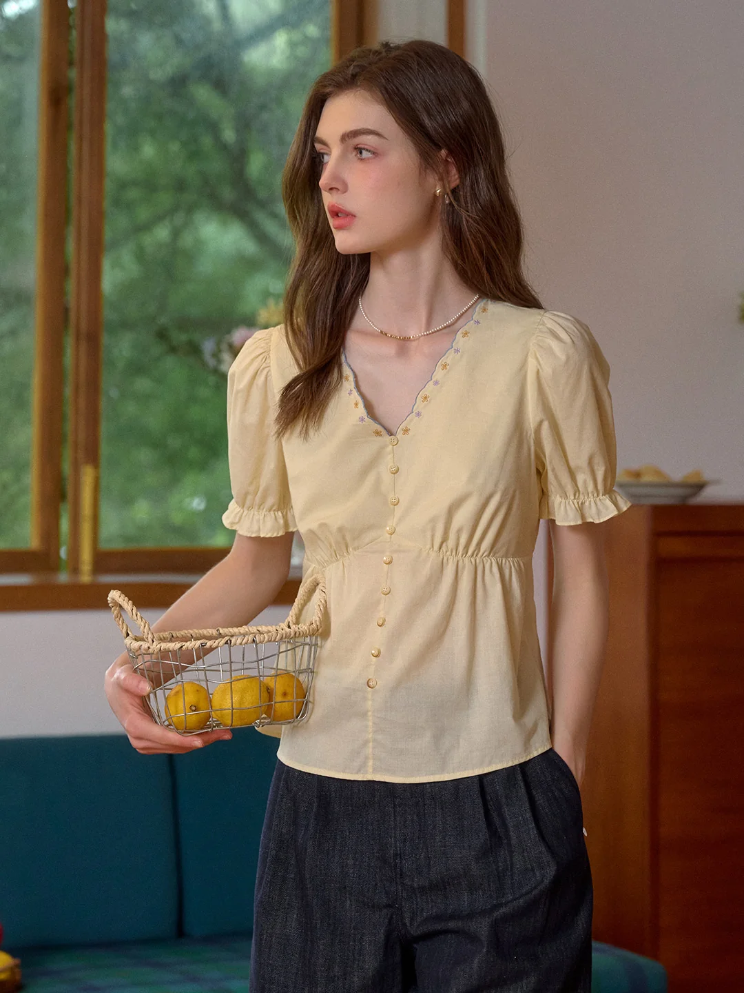 Margaret V-Neck Waist 100% Cotton Blouse